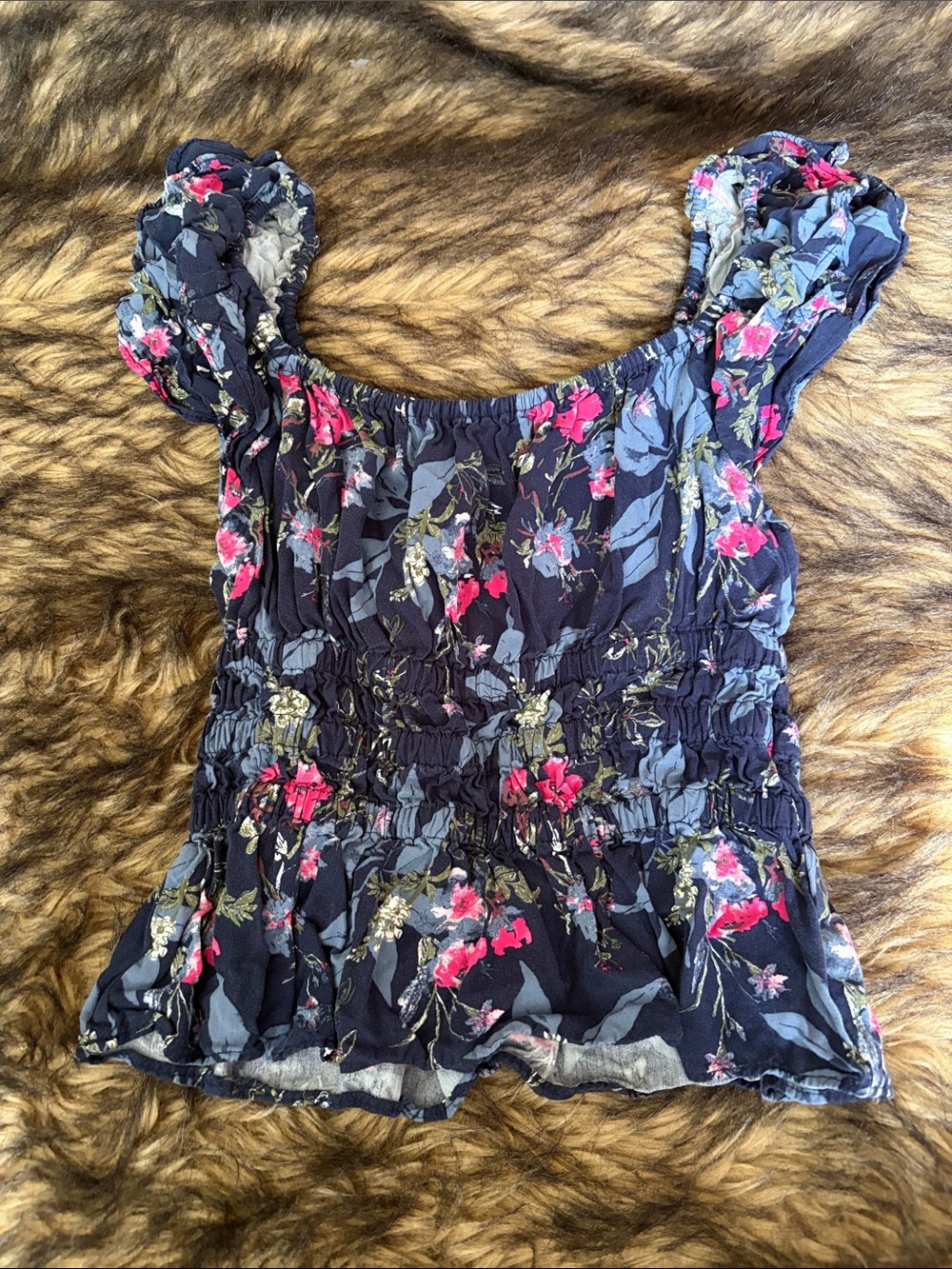 Nordstrom Navy Floral Smocked Square-Neck Top with Pink Blooms Size Medium 8/10